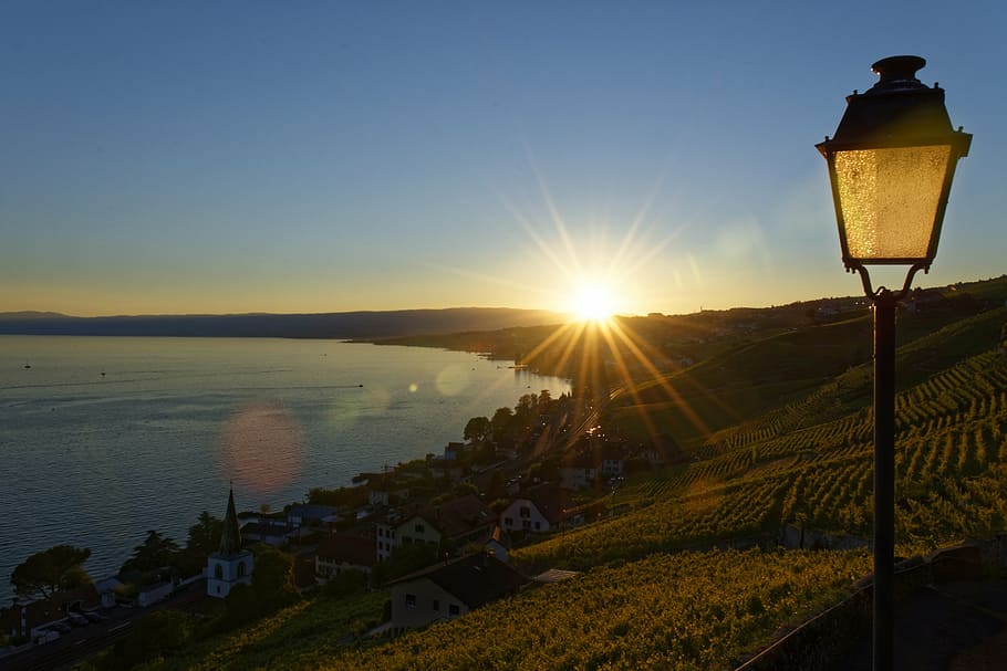 sun, lake, switzerland, sky, sunset, lighting equipment, street light HD wallpaper