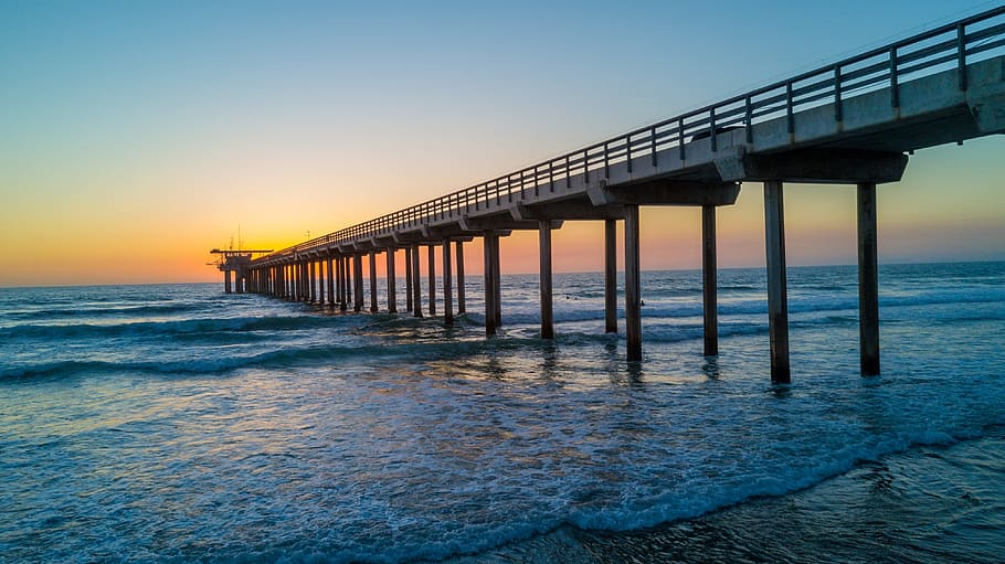 pier, structure, ocean, sea, water, sunset, sky, nature, beach HD wallpaper