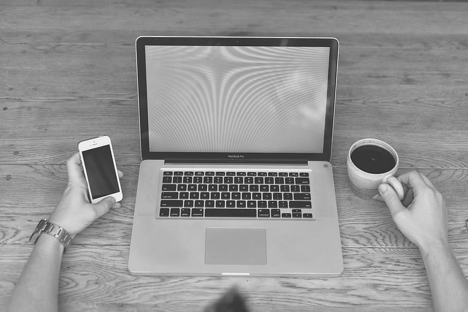 black-and-white, coffee, cup, mug, apple, computer, desk, iphone HD wallpaper