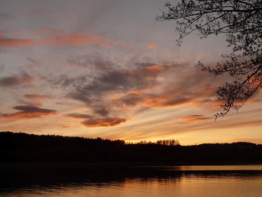 Sunset, Lake, Idyll, Landscape, Sky, clouds, water, mirroring HD wallpaper