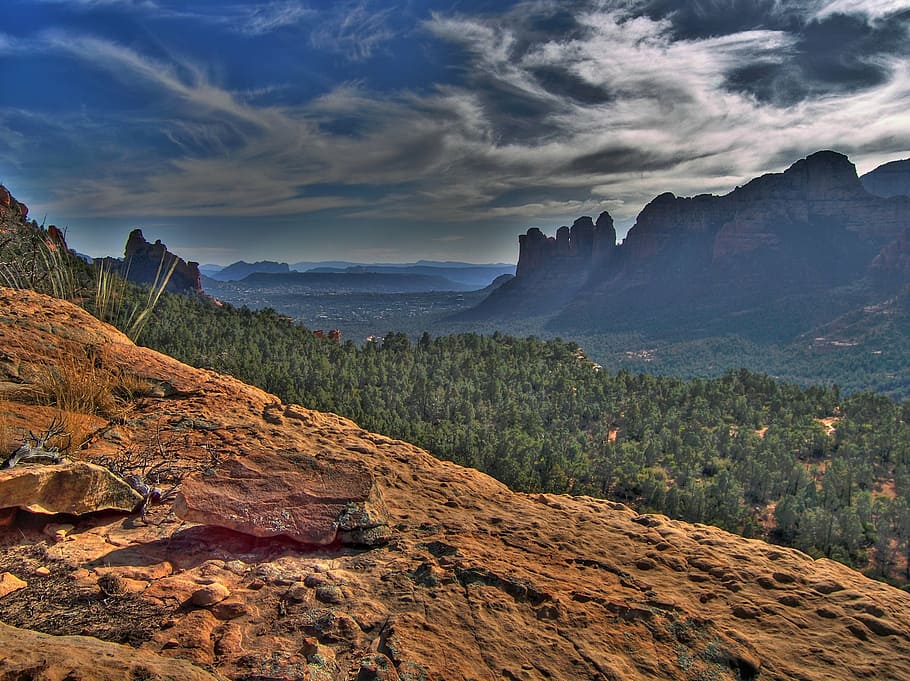 landscape, scenic, clouds, sky, hills, valley, red rocks, sedona
