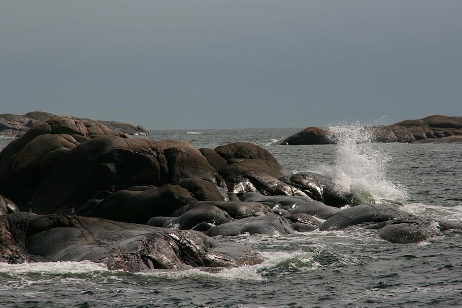 sea, sky, wave, water, rock, motion, rock - object, solid, nature HD wallpaper