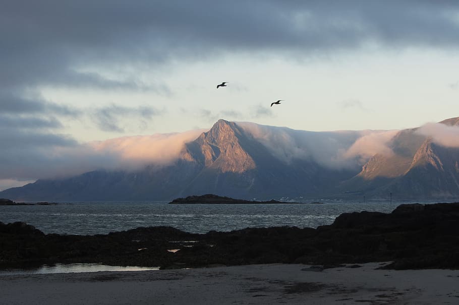 lofoten, beach, clouds, mountains, hole, water, norwegian sea HD wallpaper