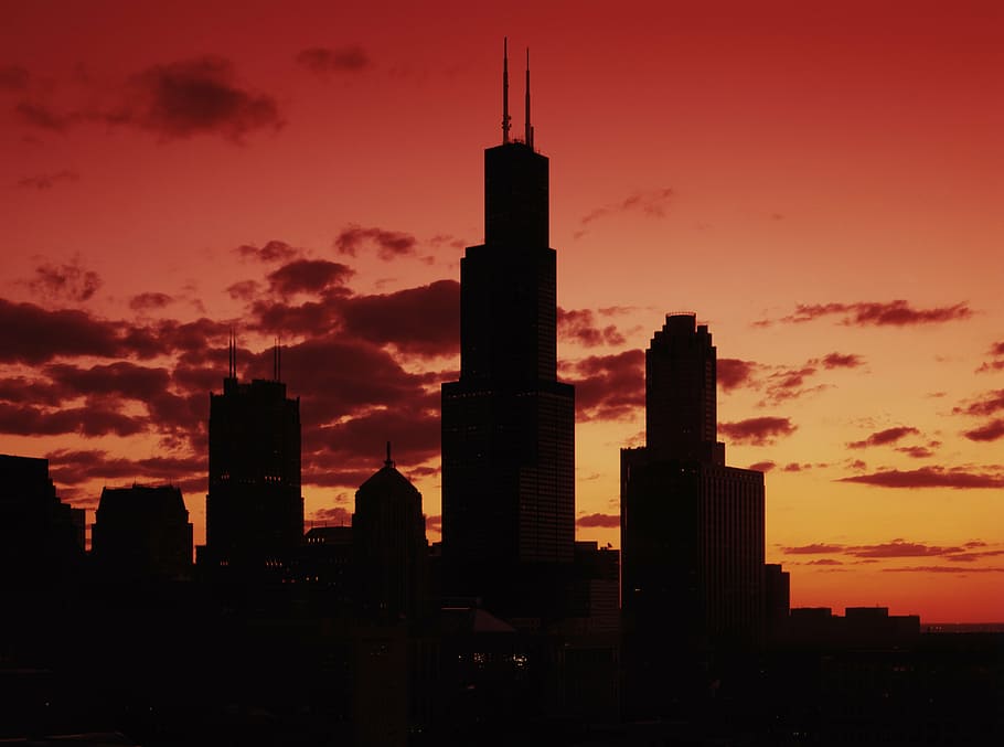 silhouette photo of building during golden hour, chicago, sundown HD wallpaper