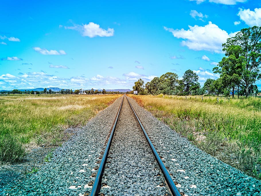 railroad track near green grass field, train tracks, colour, color