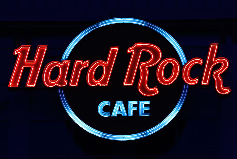 Hard Rock Cafe neon decor, Advertising, illuminated, sign, advertisement