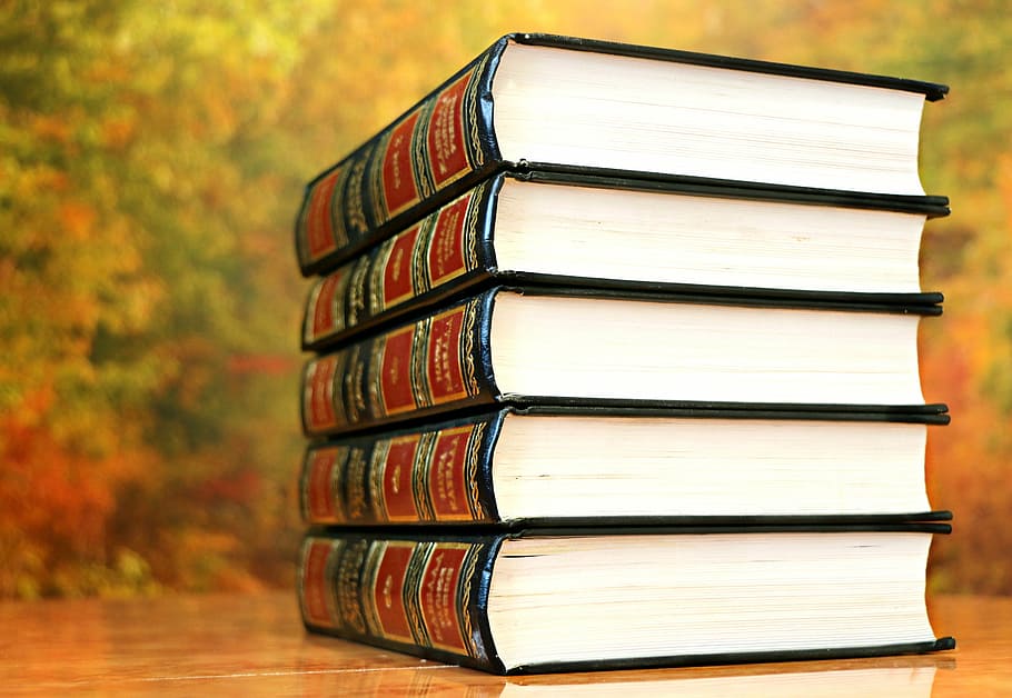 five stacked hardbound books, reading, literature, study, pile HD wallpaper
