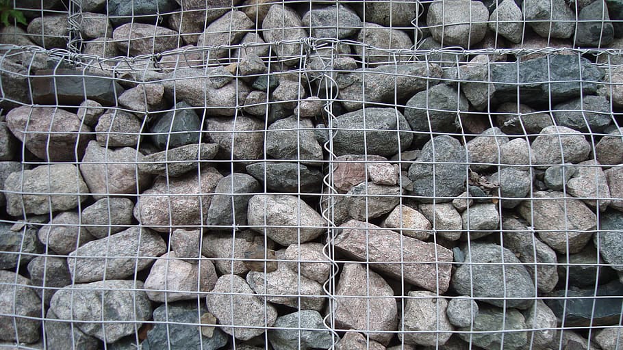 texture, rocks, rock wall, contained, fence, steel, full frame HD wallpaper
