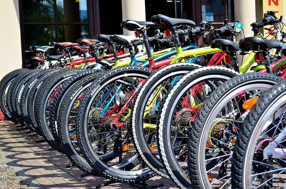 bicycles, color, tires, patterns, wheels, row of bikes, ride