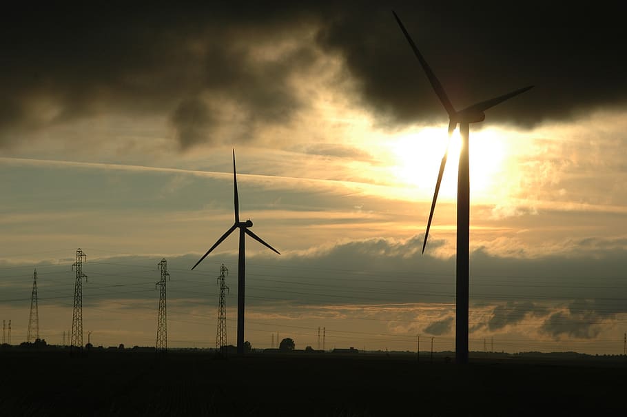 eoliennes, storm, clouds, sky, sunset, wind energy, fuel and power generation HD wallpaper