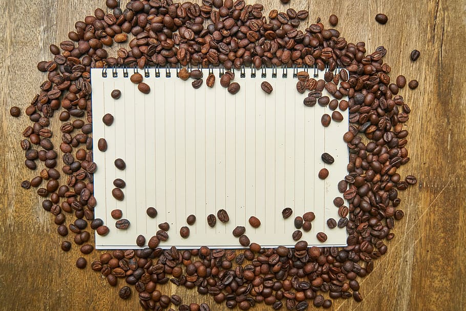 white ruled notebook between coffee beans, Pen, Cup, coffee cup, HD wallpaper