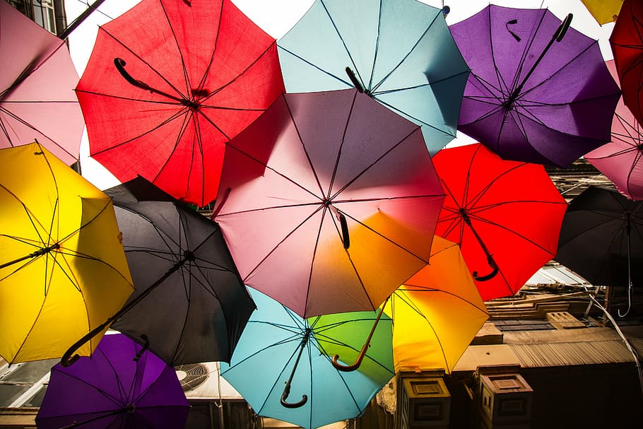 assorted-color umbrellas, street, avenue, beautiful, decor, design, HD wallpaper
