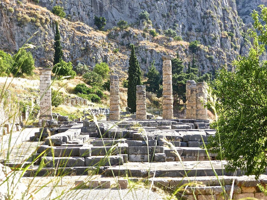ruins, columns, delphi, classical, ancient, historic, heritage HD wallpaper
