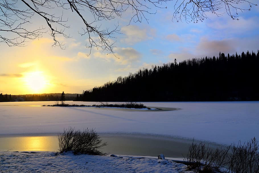 sunset, landscape, sky, twilight, winter, clouds, contrast HD wallpaper