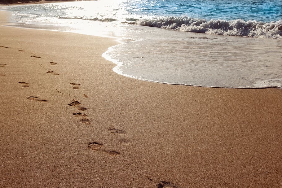 footsteps on sand near shore, beach, ocean, water, footprints
