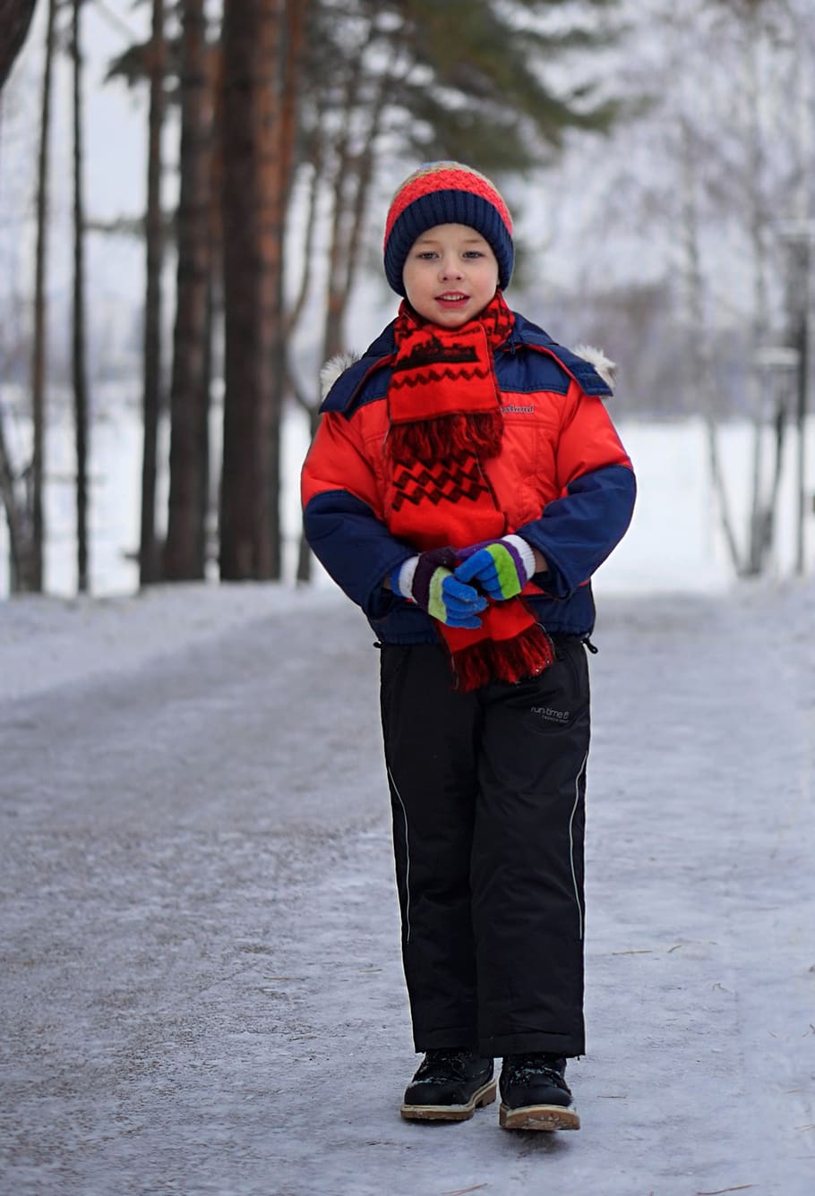 winter, snow, baby, coldly, outdoors, park, boy, red scarf