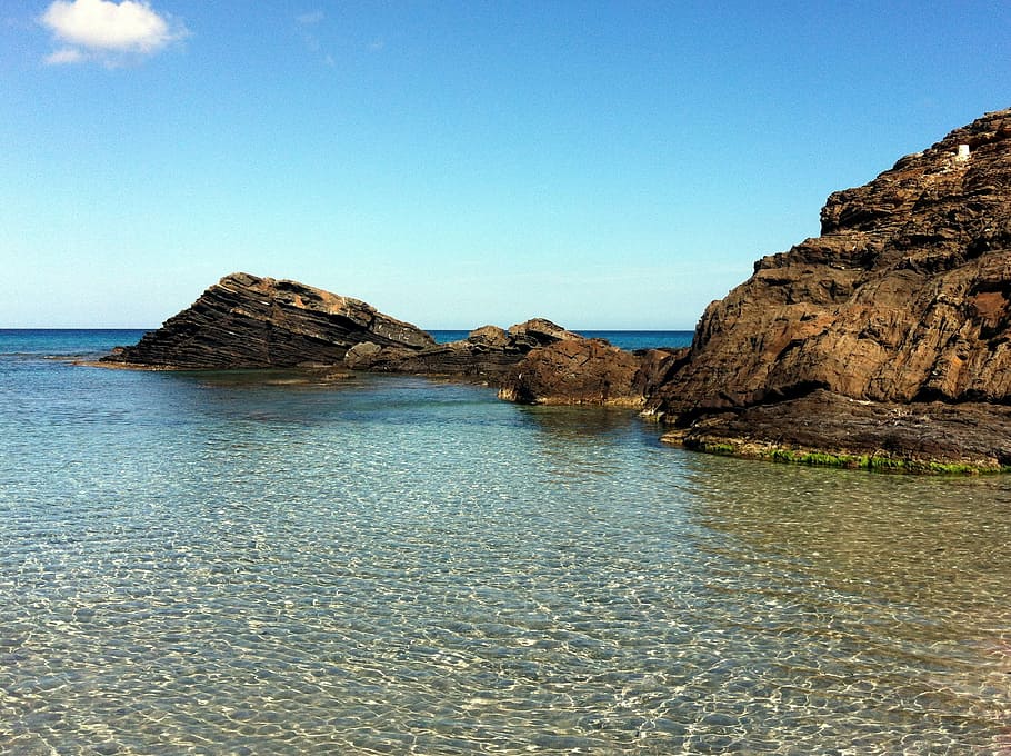 Menorca, Mediterranean, Coast, Cliffs, rocks in the sea, blue HD wallpaper