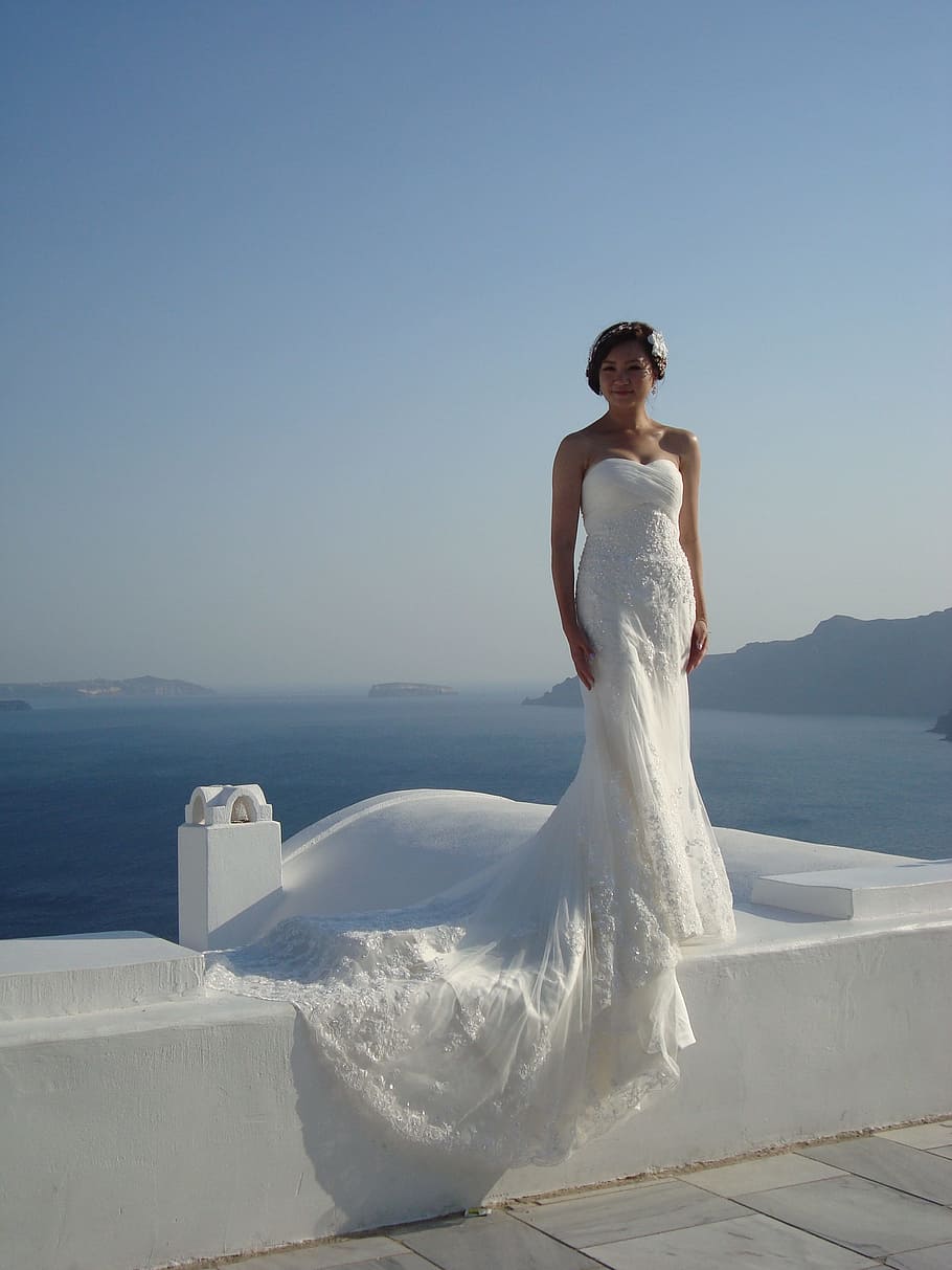 santorini, greece, bride, blue, sea, getting married, young adult, HD wallpaper