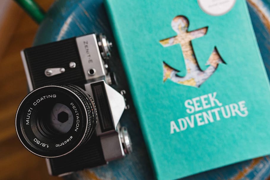 Blue notebooks and a camera on a blue wooden stool, diary, seat HD wallpaper