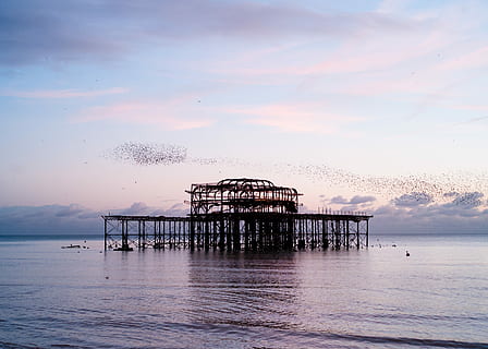 wooden dock in the middle of the sea during daytime, wooden structure on water during daytime HD wallpaper