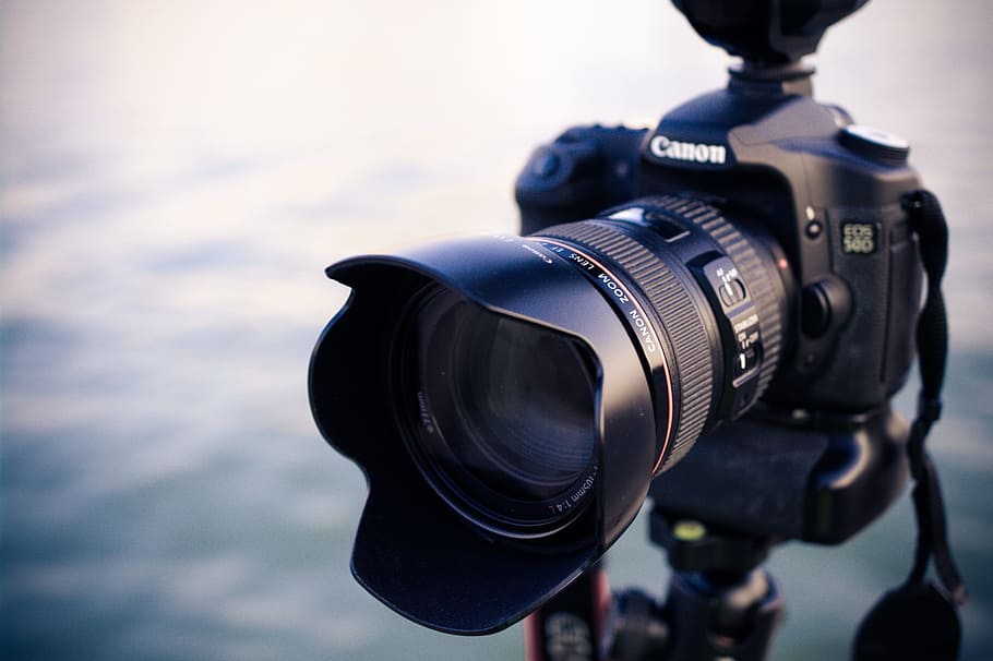 shallow focus photography of black Canon DSLR camera, black Canon EOS 540 DSLR camera HD wallpaper
