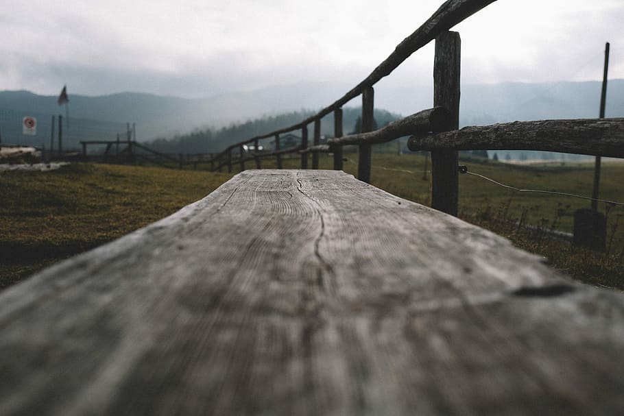 selective focus photography of farm bench, brown wooden fence on green grass field HD wallpaper