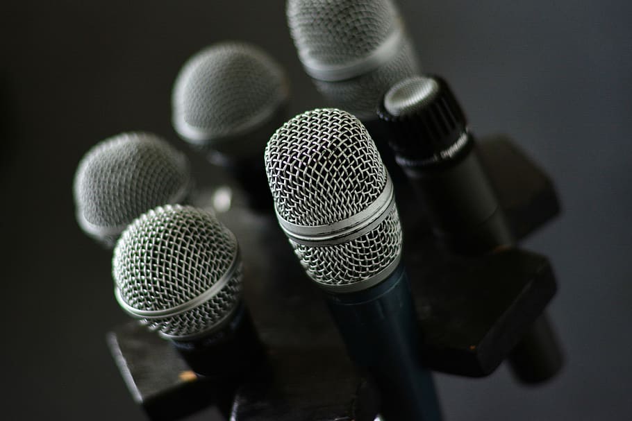 five dynamic microphones, microphone stand, karaoke, voice, audio, HD wallpaper