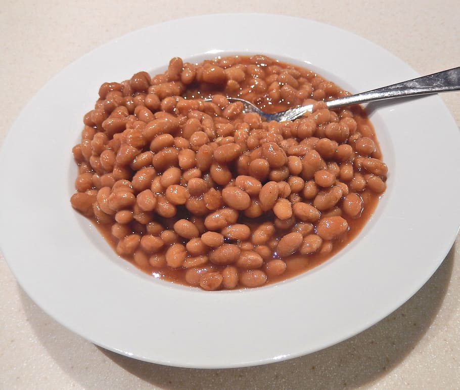 flat-lay photo of beans in plate, boston baked beans, molasses