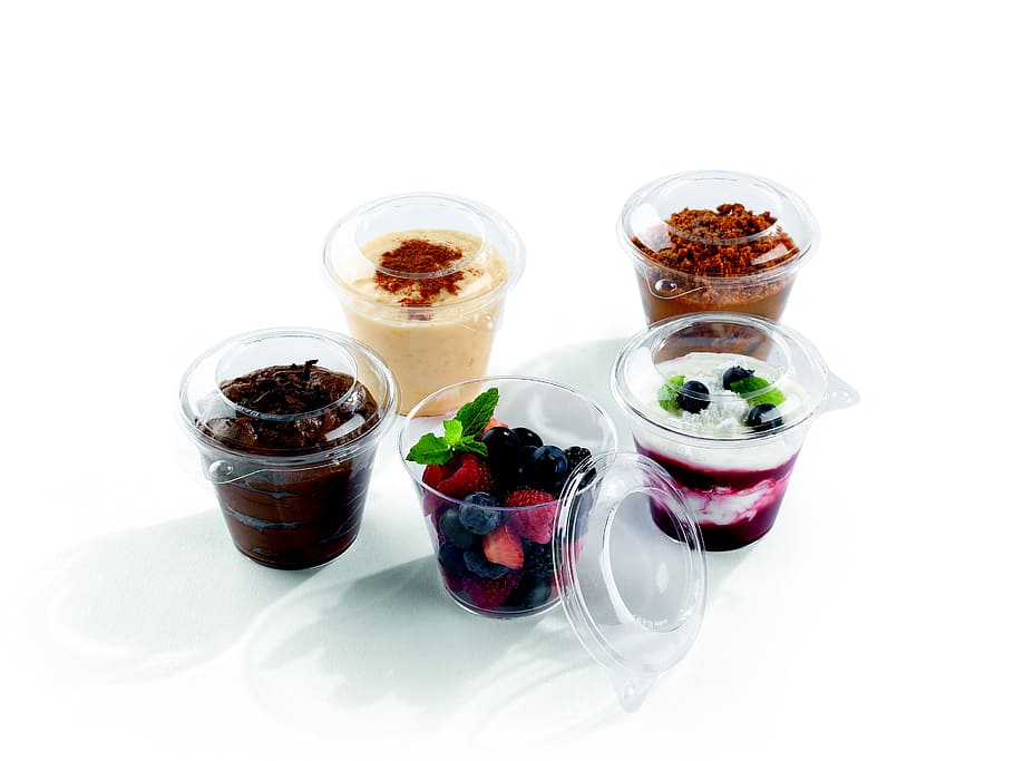 five assorted-flavor cakes on cups, yoghurt, dessert, table HD wallpaper