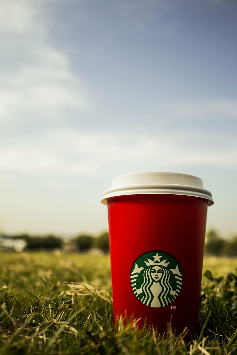 Starbucks cup on grass, coffee, lawn, christmas, red, sky, logo