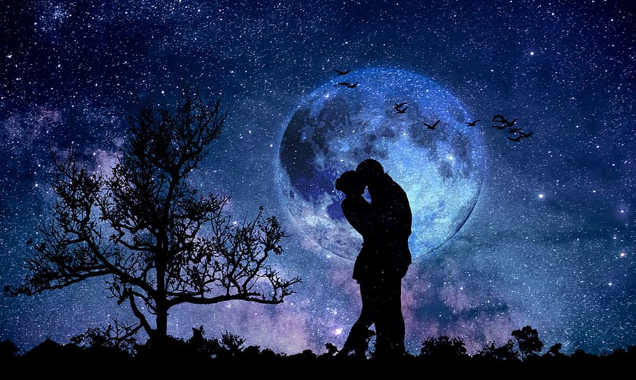 silhouette of man and woman during night time, moon, couple, blue