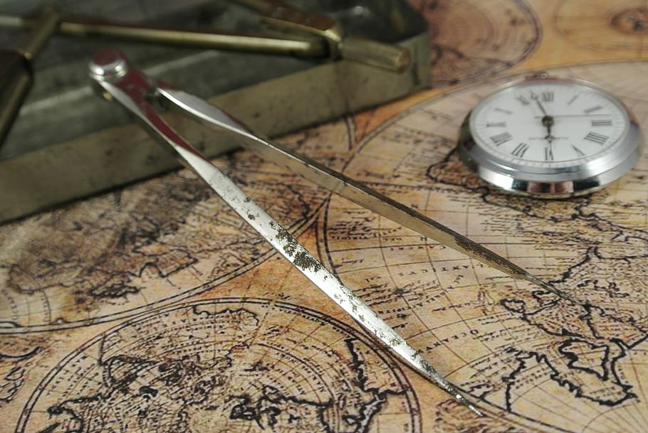shallow focus photo of drawing compass, Zirkel, Map, Lake, Time, Clock HD wallpaper