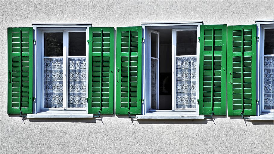 old windows, facade, figure, pane, shutters, window sill, green HD wallpaper