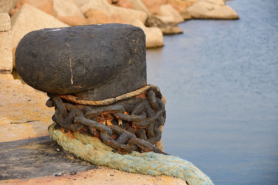 port, dock, pier, metal, chain, sea, close, anchorage, jetty, HD wallpaper