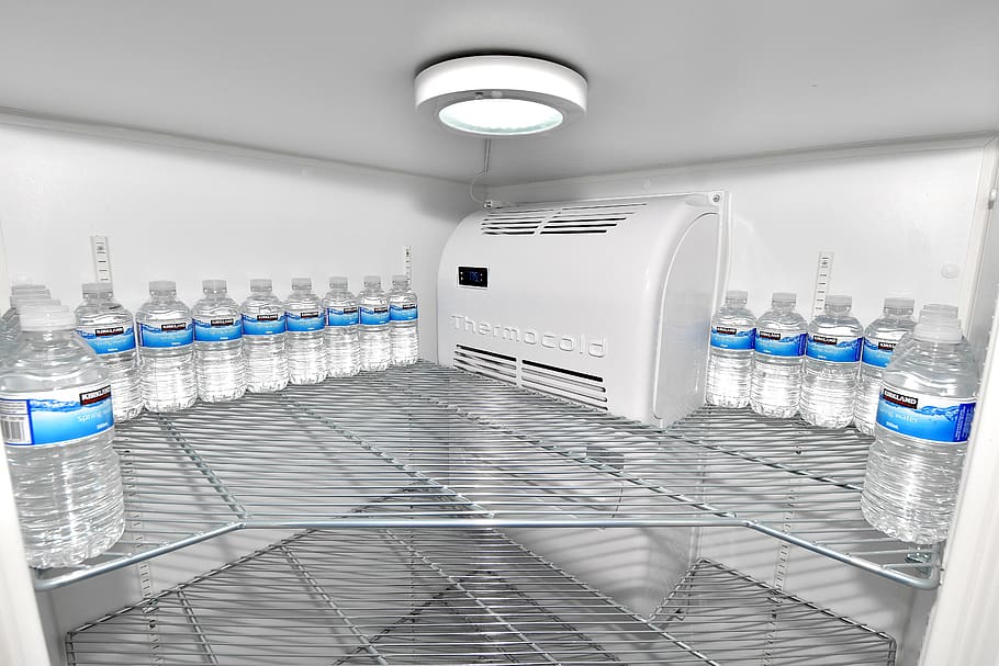 water bottle, empty fridge, cold, refrigerator, fridge shelf