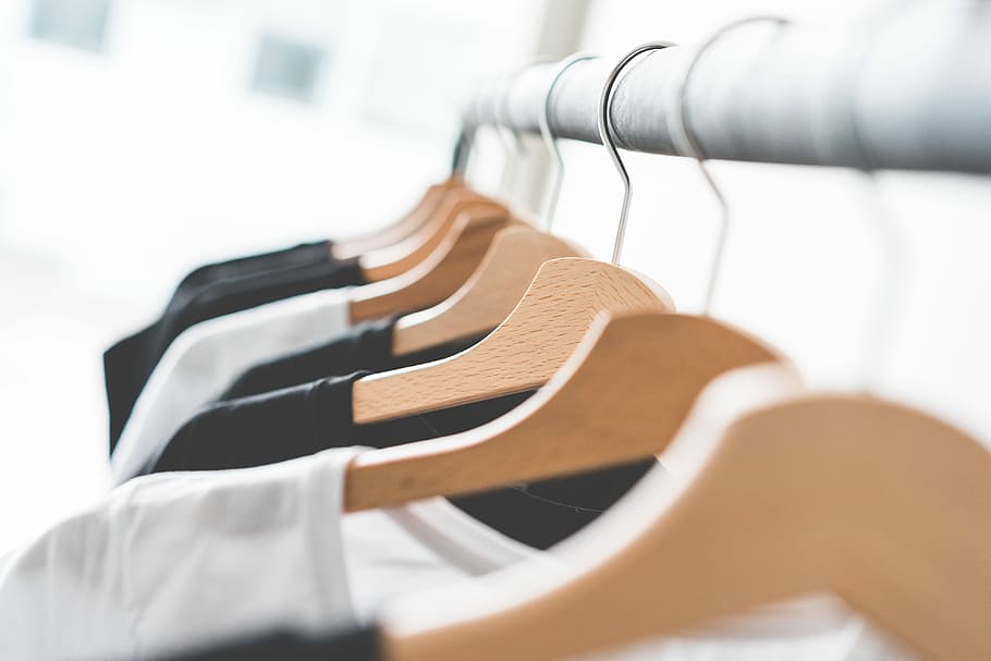 Wooden T-Shirt Hangers in Fashion Apparel Store #2, clothing, HD wallpaper