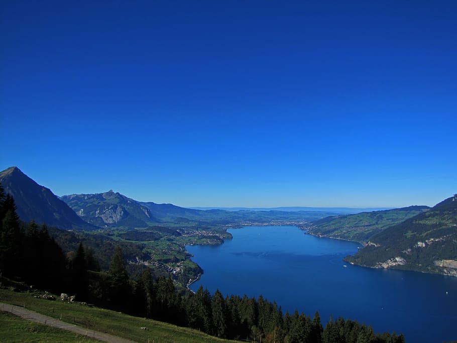 thunersee, lake, blue, sky, water, nature, landscape, switzerland HD wallpaper