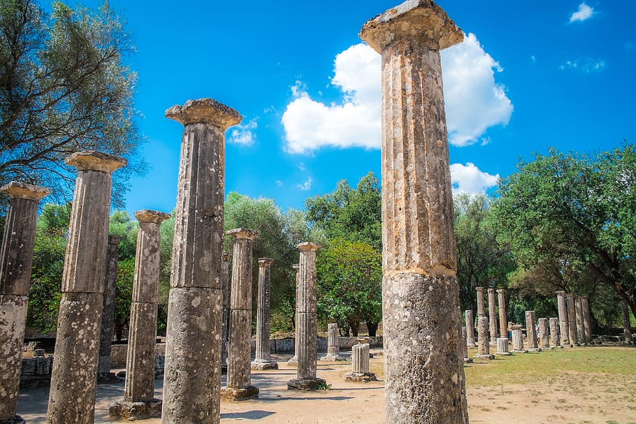 columns, ancient olympia, ruins, ancient greece, archaeological site