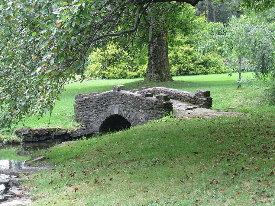 bridge, stone, park, trees, grass, green, outdoors, arch, tranquil HD wallpaper