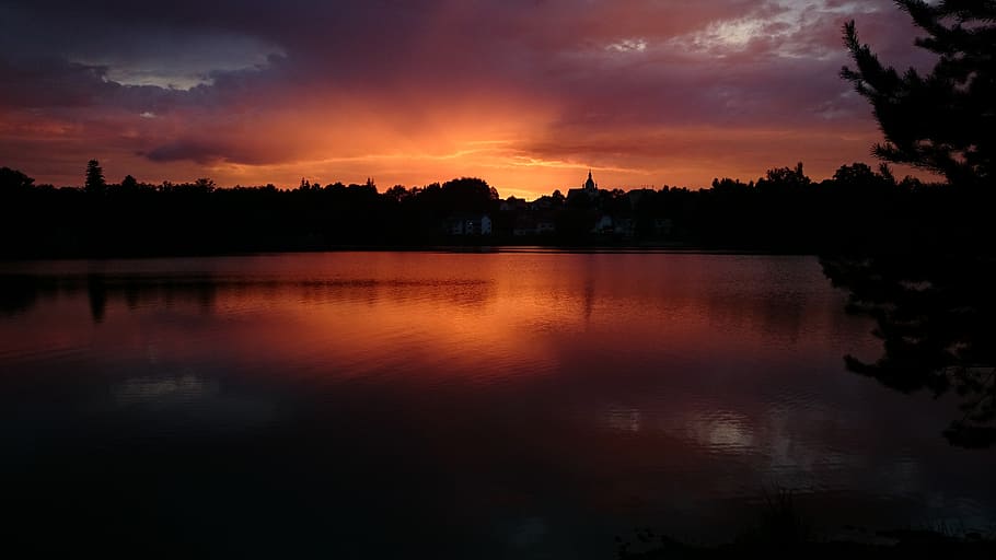 silhouette of trees near bodies of water at sunset, sky, clouds HD wallpaper