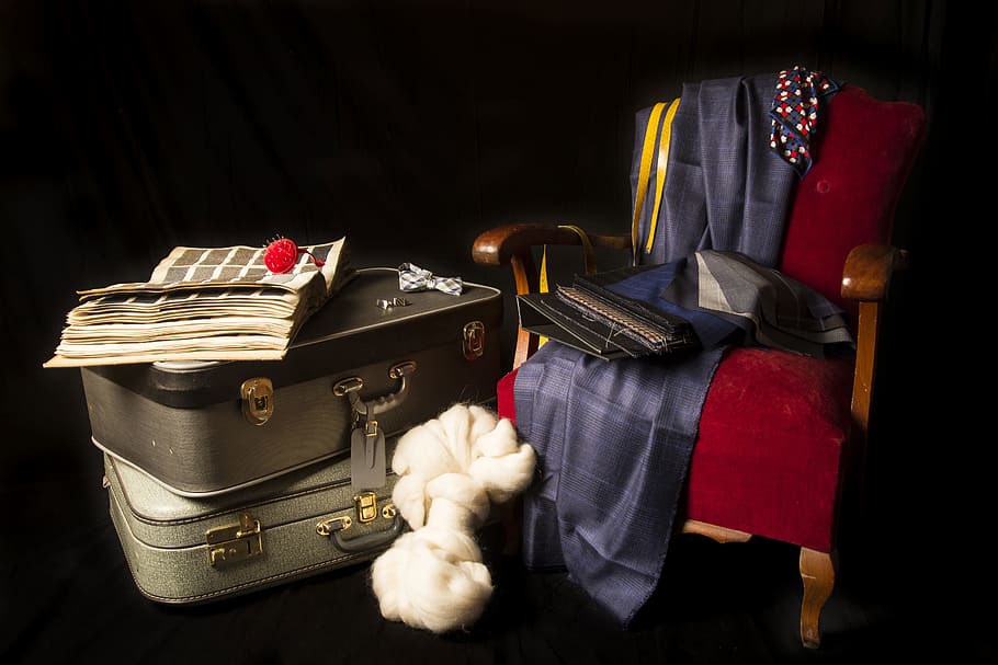 brown wooden framed red padded armchair beside briefcase, apparel HD wallpaper