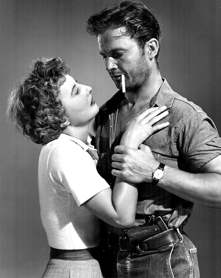 grayscale photography of couple hugging, barbara stanwyck, ralph meeker
