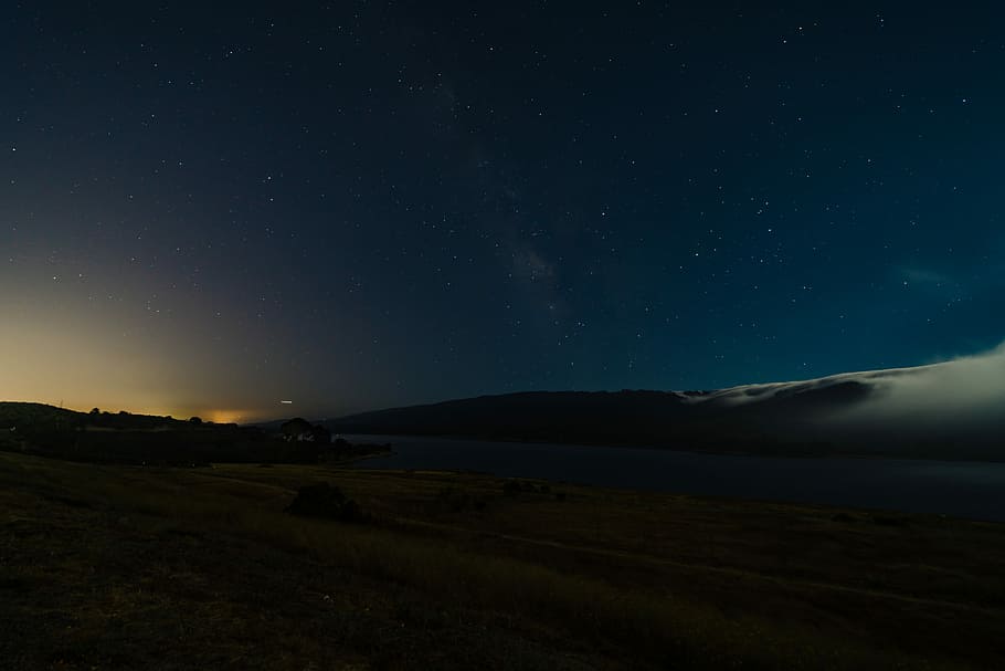 river near tress and mountain, horizon, night, star, sky, sundown HD wallpaper