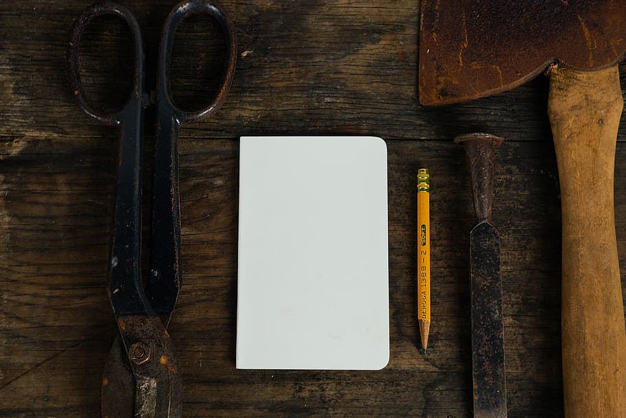 white paper and black shears, vintage, tools, pencil, notepad HD wallpaper