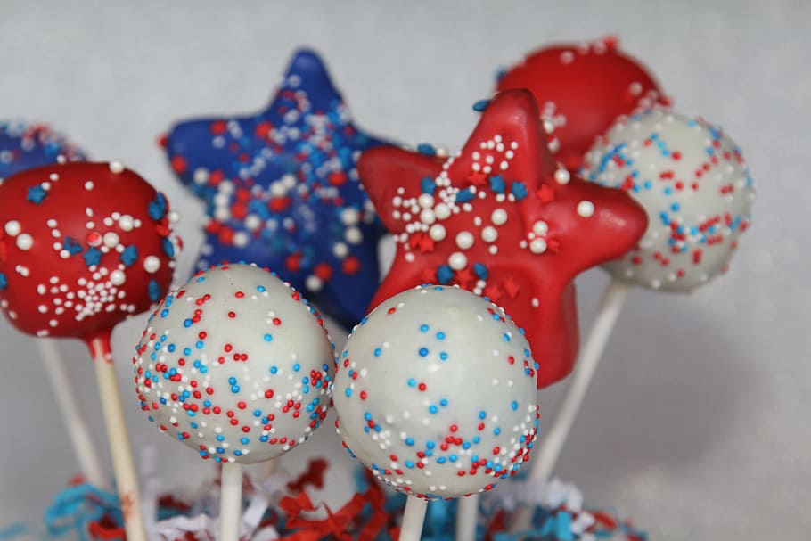 assorted lollipops, red, blue, white star, cake pops, dessert, HD wallpaper