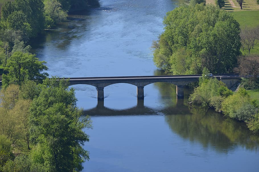 river, france, seine, bridge, water, landscape, green, connection, HD wallpaper