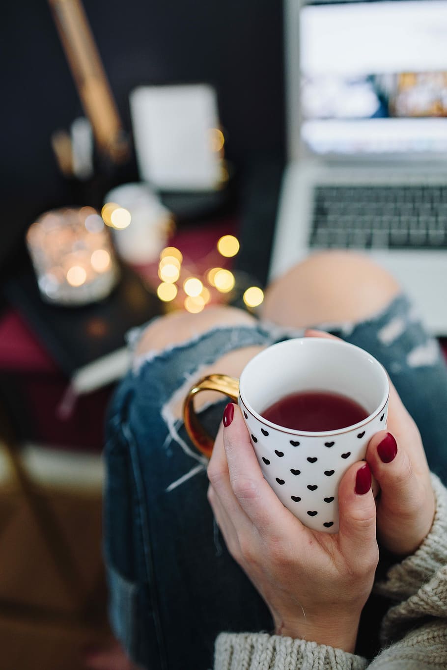 Woman drinking hot tea in her home office, caucasian, computer HD wallpaper