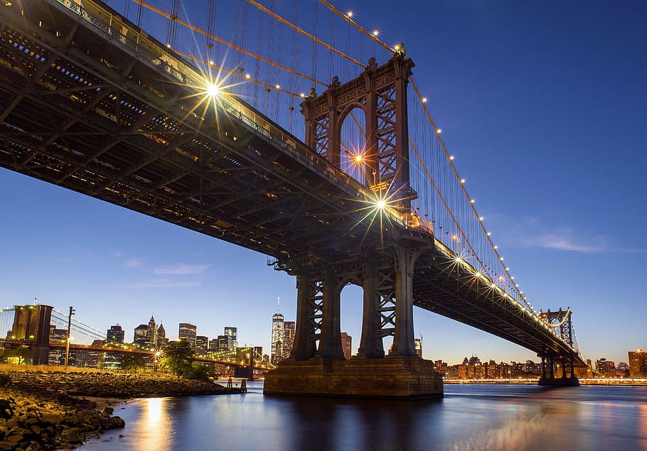 Brooklyn Bridge, New York, low-angle photography of Brooklyn Bridge HD wallpaper