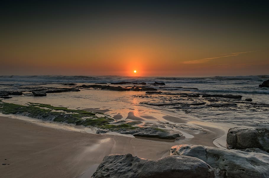 body of water during sunset, photo, seashore, dusk, beach, sand HD wallpaper
