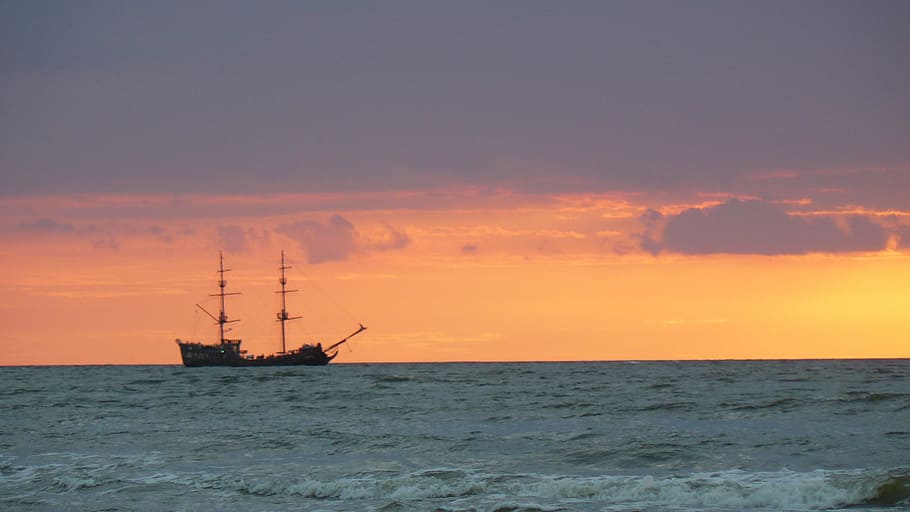 sea, ship, sunset, sky, water, orange color, nautical vessel HD wallpaper
